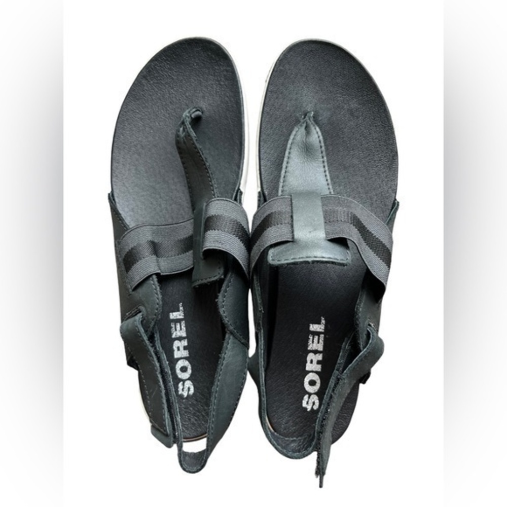 Sorel out and about sling back black leather T strap sandal in size 10.